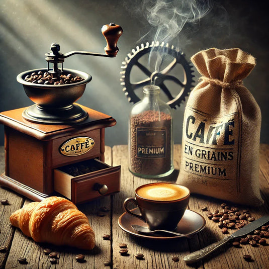 Table en bois élégante avec une tasse de café expresso fumant, un sac de café en grains premium étiqueté en français, un moulin à café manuel et un croissant frais. Ambiance chaleureuse rappelant un café parisien traditionnel