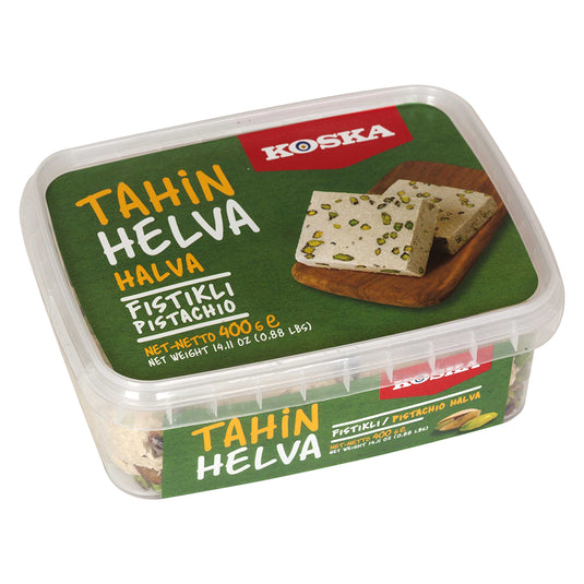 Boîte de Koska Helva Pistache 350g, une spécialité sucrée traditionnelle à base de sésame et de pistaches. L’emballage met en valeur la texture fondante et les éclats de pistache, soulignant son authenticité et sa richesse en saveurs.
