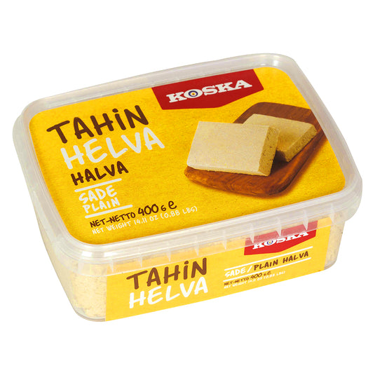 Boîte de Koska Helva Nature 350g, une douceur traditionnelle à base de sésame. L’emballage met en avant sa texture fondante et son goût authentique, parfait pour une pause gourmande ou un dessert savoureux.