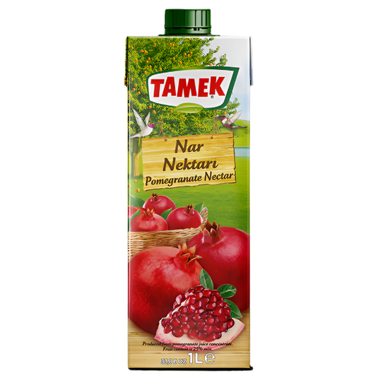 Bouteille de Jus de Grenadine TAMEK 1L, au design rouge et blanc, mettant en avant des grenades fraîches. Boisson fruitée rafraîchissante, idéale pour une consommation seule ou en cocktail.
