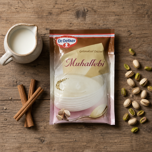 Ingrédients pour préparer le Muhallebi Dr. Oetker : lait, cannelle, pistaches
