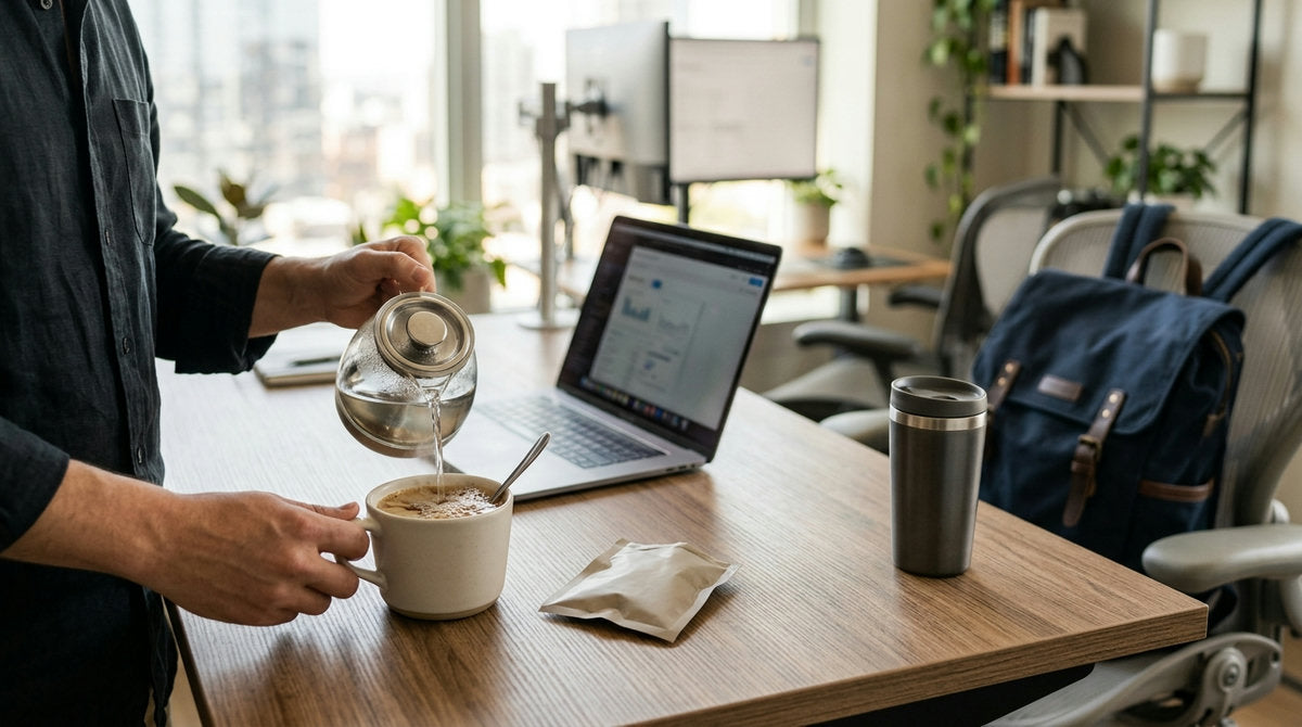 Tasse de café 3 en 1 en préparation sur un bureau moderne, avec un sachet individuel, un mug de voyage et un sac à dos en arrière-plan