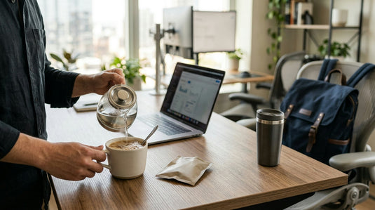 Tasse de café 3 en 1 en préparation sur un bureau moderne, avec un sachet individuel, un mug de voyage et un sac à dos en arrière-plan