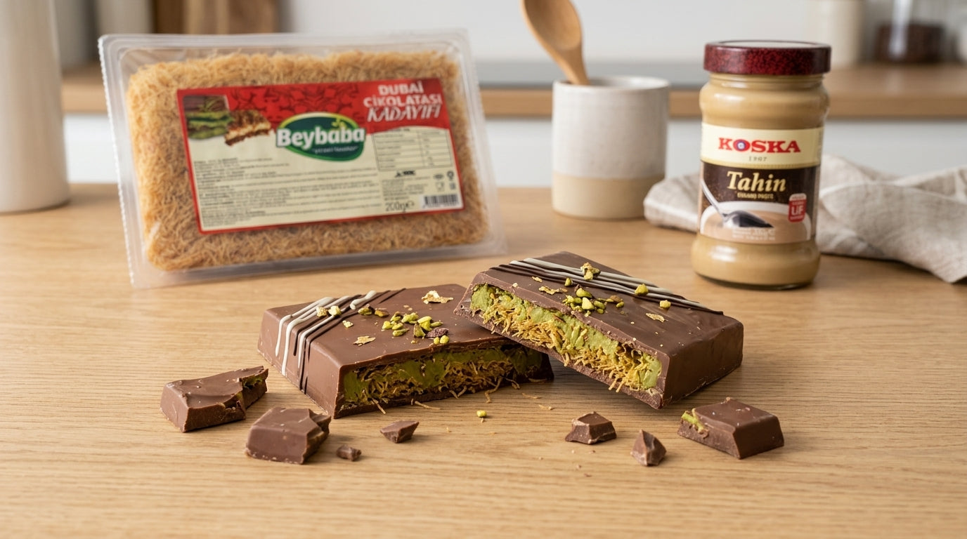 Tablette de chocolat Dubaï coupée en deux laissant apparaître le fourrage pistache et kadayif doré, avec le sachet de kadaïf BEYBABA en arrière-plan