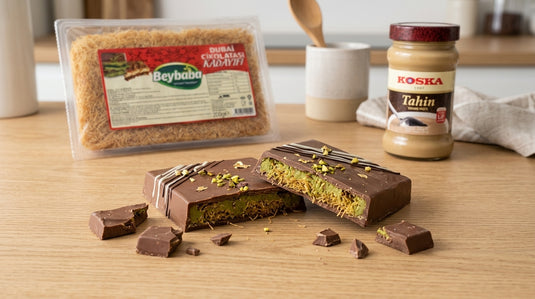 Tablette de chocolat Dubaï coupée en deux laissant apparaître le fourrage pistache et kadayif doré, avec le sachet de kadaïf BEYBABA en arrière-plan