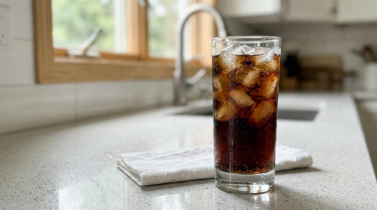 Un verre de cola glacé avec des glaçons sur un plan de travail de cuisine moderne