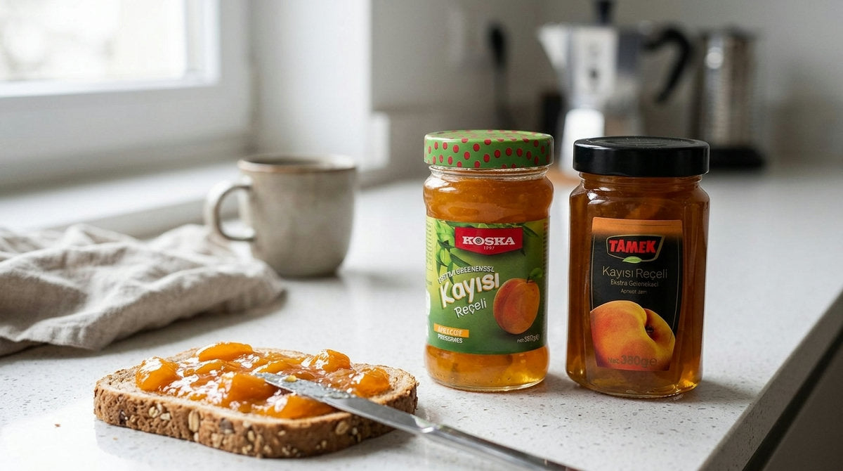Tartine de confiture d'abricot avec les pots réels KOSKA et TAMEK 380g sur un plan de travail