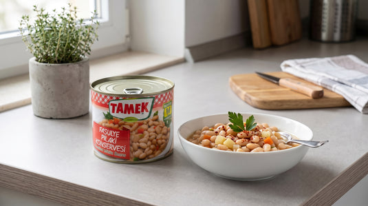 Bol de fasulye pilaki (haricots blancs, carotte, pomme de terre) à côté de la boîte TAMEK sur un plan de travail de cuisine moderne