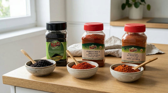 Trois bols d'épices avec les sachets réels isot, piment doux et piment fort SIBEL 160g