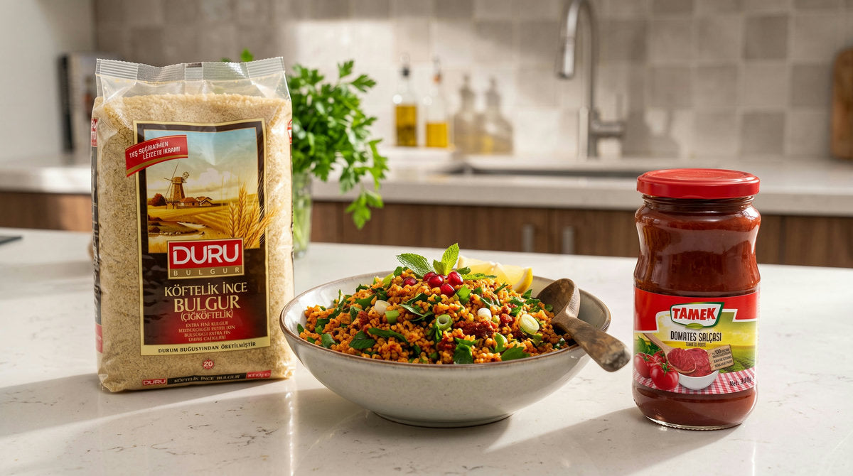 Saladier de kısır avec le sachet réel de boulgour DURU 1kg et le pot de concentré de tomate TAMEK 360g