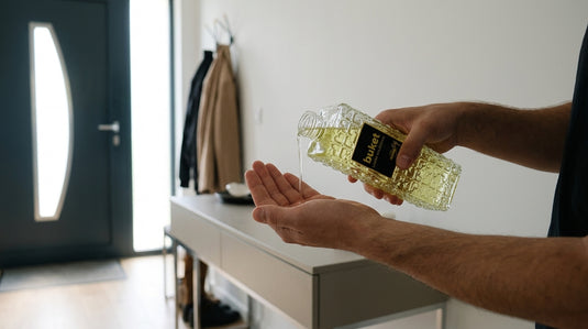 Une bouteille d'eau de Cologne Citron Buket versée dans le creux d'une main, geste d'accueil turc, dans une entrée moderne