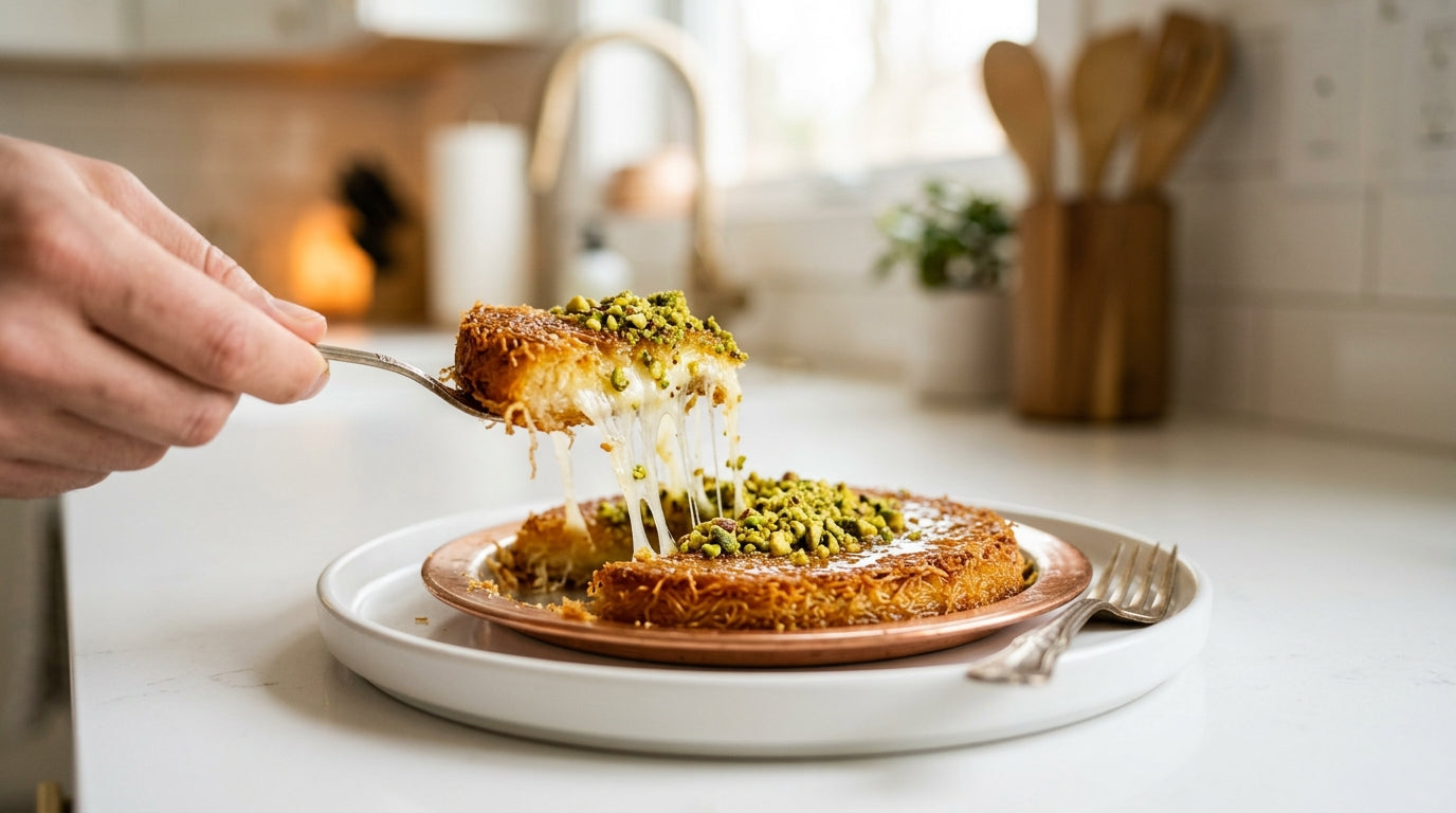 Part de künefe dorée et croustillante avec fromage filant et pistaches concassées, posée à côté du paquet de kadayıf SUNTAT