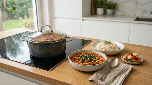 Kuru fasulye, ragoût de haricots blancs, servi dans un bol avec un accompagnement de riz et de turşu, casserole sur la cuisinière en arrière-plan