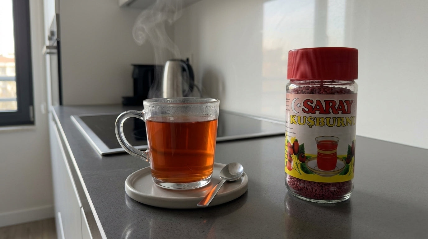 Tasse de thé chaud à l'églantier kuşburnu fumante posée à côté du paquet SARAY Kuşburnu 200g sur un plan de travail de cuisine moderne
