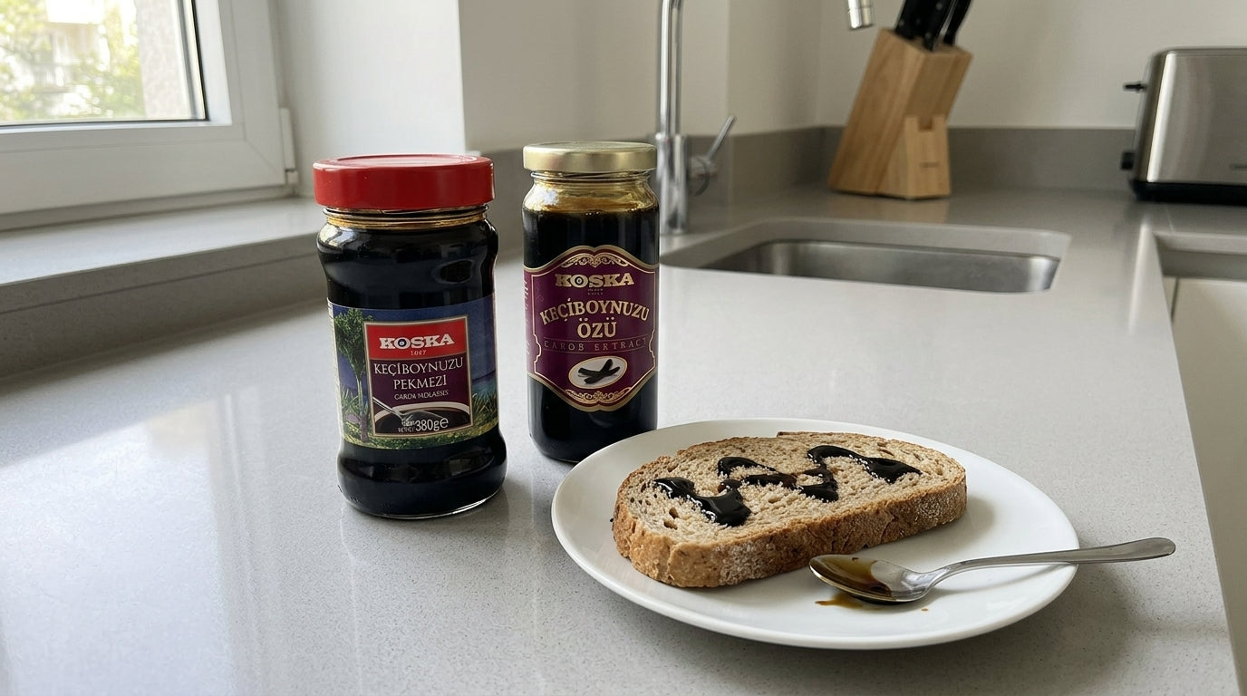 Pots de mélasse de caroube et d'extrait de caroube KOSKA posés à côté d'une tartine nappée de mélasse sur un plan de travail de cuisine moderne