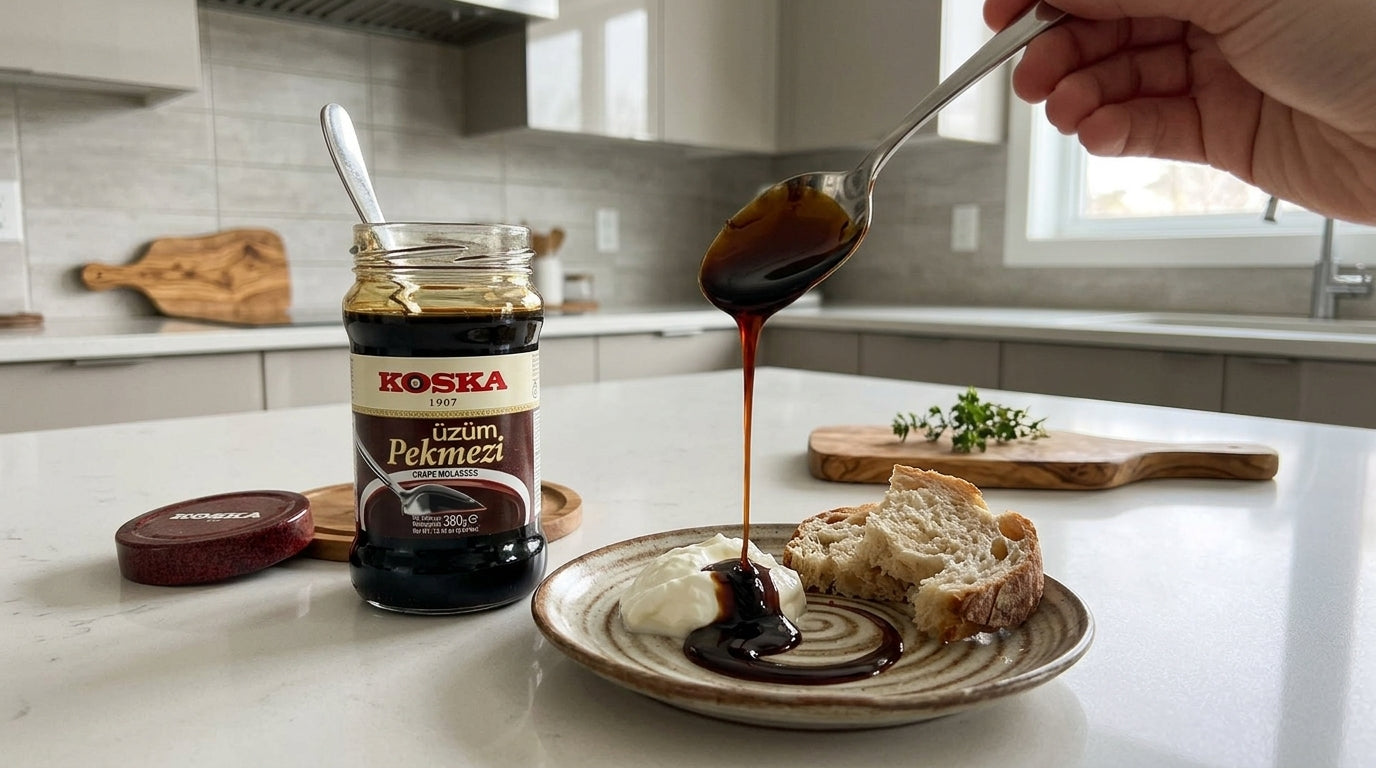 Pot de mélasse de raisin KOSKA ouvert avec une cuillère versant le sirop épais sur une tartine, dans une cuisine moderne