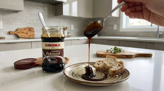 Pot de mélasse de raisin KOSKA ouvert avec une cuillère versant le sirop épais sur une tartine, dans une cuisine moderne