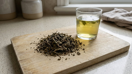 Feuilles de menthe séchée du bouquet Menthe du Maroc 777 posées à côté d'un verre de thé à la menthe, sur un plan de travail de cuisine moderne