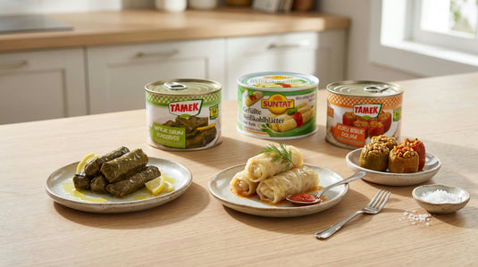 Assortiment de mezzés et plats prêts en bocal avec feuilles farcies, poivrons et aubergines
