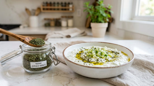 Pot de menthe séchée turque à côté d'un bol de cacık au yaourt saupoudré de menthe