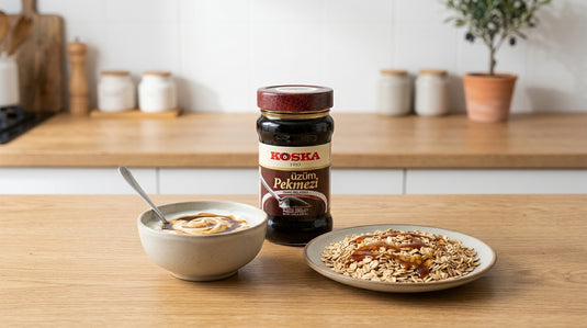 Pot de mélasse de raisin KOSKA posé entre un bol de yaourt et une assiette de flocons d'avoine nappés de pekmez