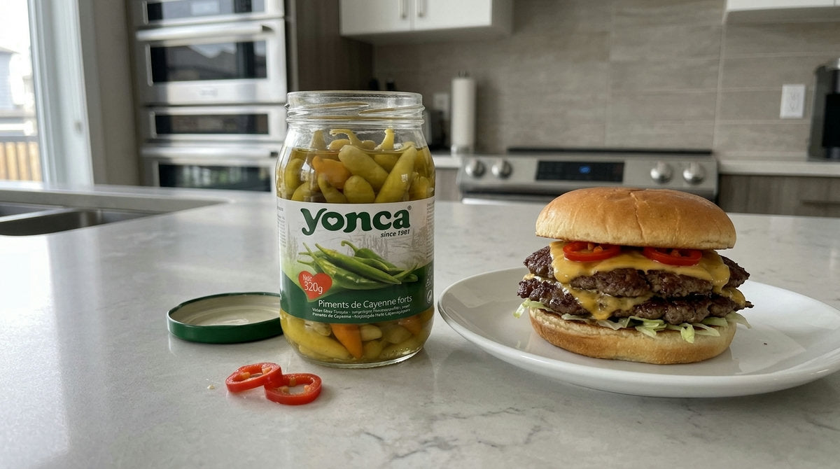 Bocal de piments de Cayenne forts YONCA au vinaigre posé à côté d'un burger maison sur un plan de travail