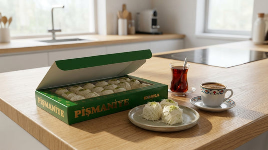 Boîte de Pişmaniye KOSKA ouverte avec quelques fils de pişmaniye posés à côté sur une assiette