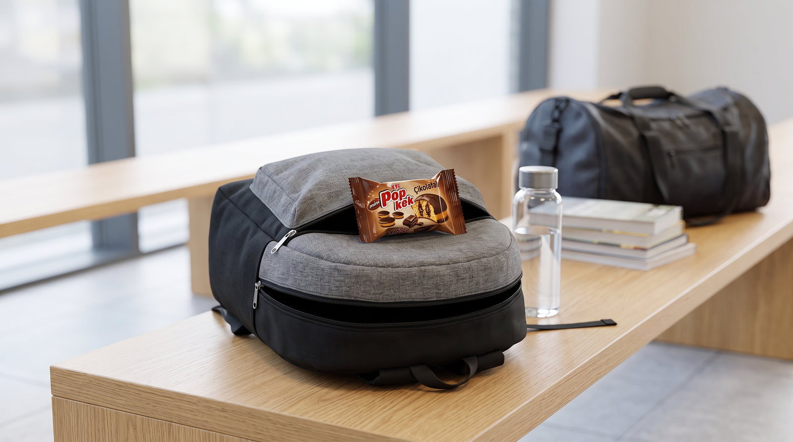 Pop Kek chocolat ETI emballé individuellement posé sur un sac d'école à côté d'une gourde d'eau