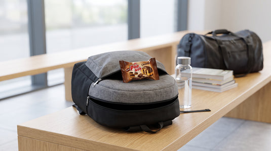 Pop Kek chocolat ETI emballé individuellement posé sur un sac d'école à côté d'une gourde d'eau