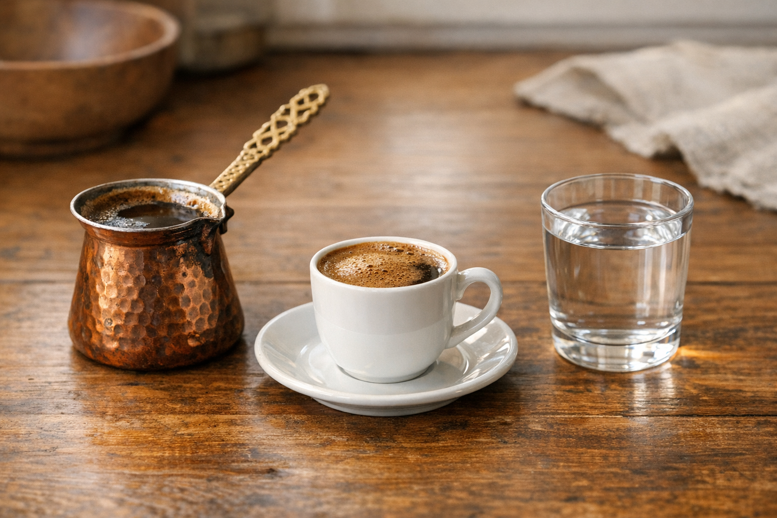 Café turc préparé dans une cezve avec une tasse servie sur un plateau