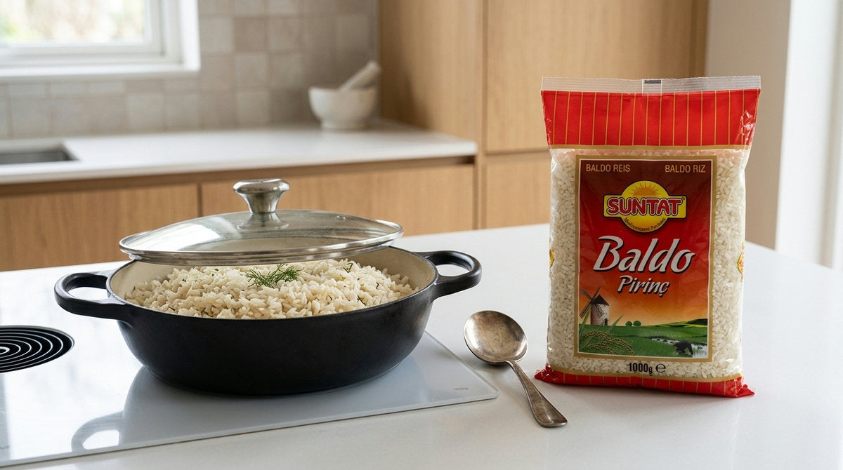 Casserole de riz pilaf fraîchement cuit avec le sachet réel de riz Baldo SUNTAT 1kg sur un plan de travail