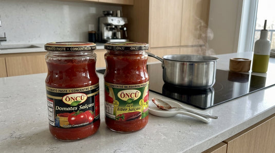 Pots de concentré de tomate et de concentré de poivron piquant ÖNCÜ posés côte à côte devant une casserole sur une cuisinière