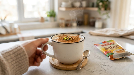 Bol de salep chaud saupoudré de cannelle, posé à côté du paquet Salep 200g SARAY sur un plan de travail de cuisine