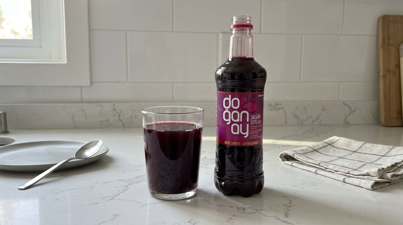 Verre de şalgam, boisson violette acidulée, posé à côté de la bouteille DOGANAY Şalgam Piquant 1L sur un plan de travail de cuisine