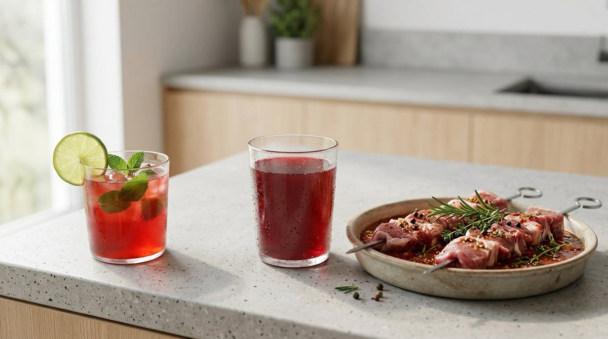 Verre de şalgam servi frais à côté de brochettes de viande en marinade et d'un mocktail sans alcool à la menthe et au citron vert, sur un plan de travail de cuisine moderne