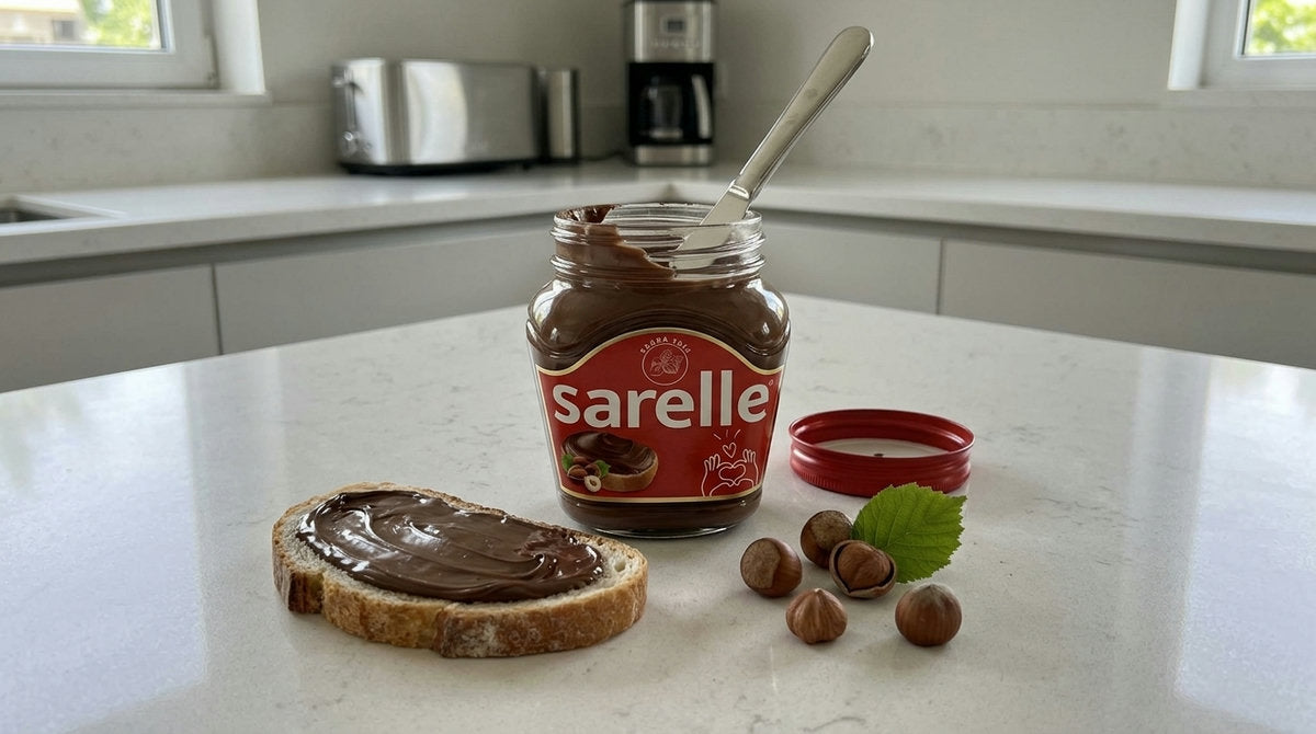 Pot de SARELLE pâte à tartiner noisette et cacao ouvert avec une tartine de pain gourmande, sur un plan de travail de cuisine moderne