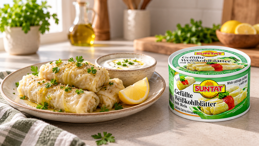 Sarma de chou blanc au riz servi avec une sauce au yaourt et la boîte SUNTAT 400g