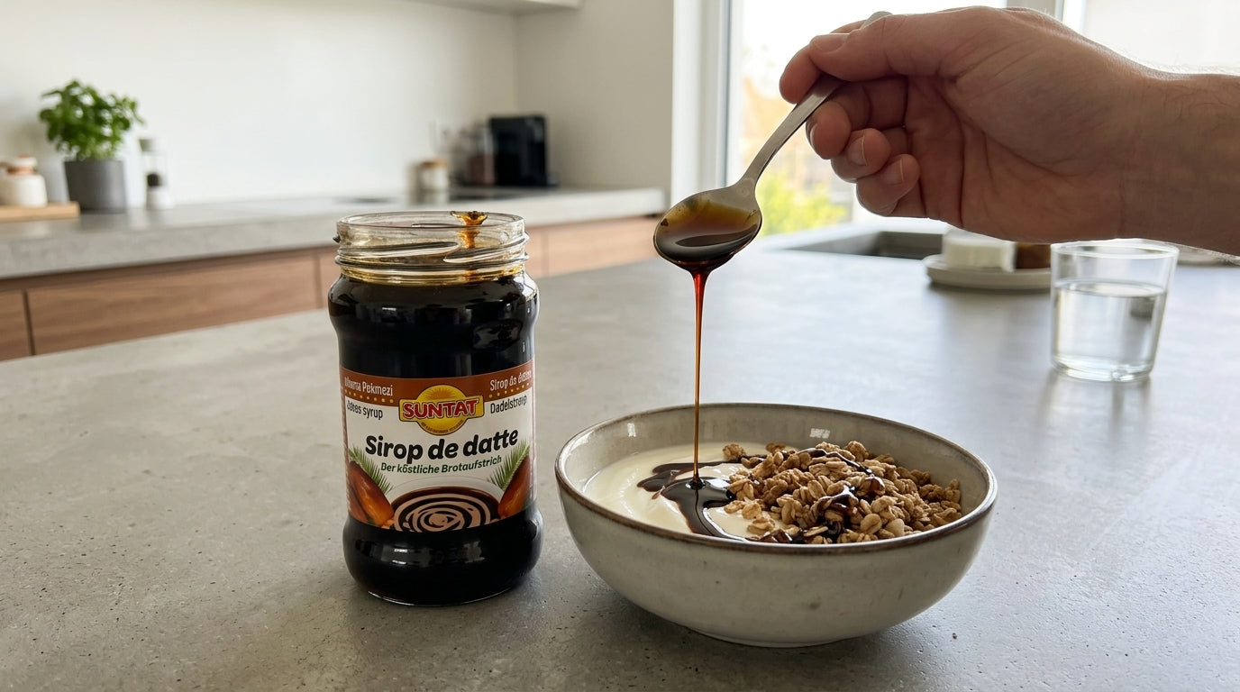 Pot de sirop de datte SUNTAT 390g posé à côté d'un bol de granola et yaourt nappé de sirop, dans une cuisine moderne