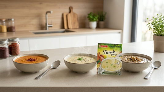 Trois bols de soupe turque fumants (lentilles, tarhana, vermicelle) posés à côté du sachet de soupe poulet vermicelle BASAK