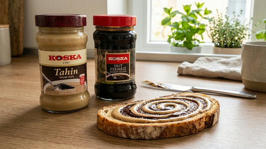 Tartine tahin-pekmez avec les pots réels KOSKA Tahin 300g et Mélasse de Mûrier 380g