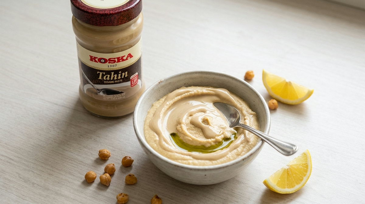Bol de houmous maison nappé d'huile d'olive avec pois chiches et citron, à côté du pot de tahin KOSKA identifiable