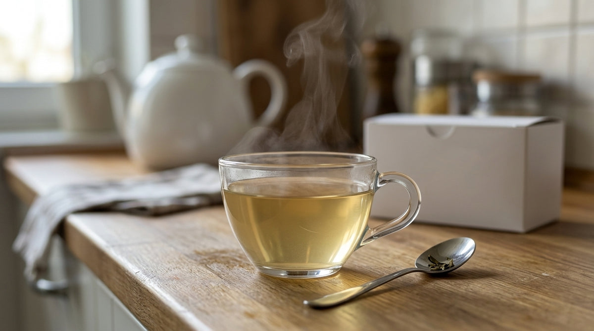 Tasse de thé blanc BETA TEA fumante, à la couleur claire, posée sur un plan de travail de cuisine moderne