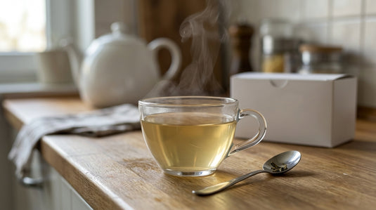 Tasse de thé blanc BETA TEA fumante, à la couleur claire, posée sur un plan de travail de cuisine moderne