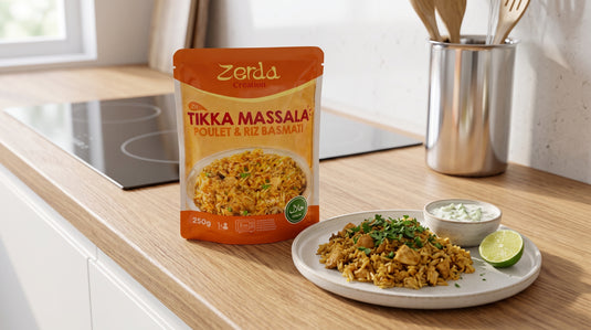 Barquette de Tikka Massala Poulet et Riz Basmati dressée en assiette avec raita, coriandre fraîche et citron vert