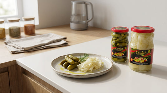 Assiette de cornichons et de chou blanc marinés turşu à côté des bocaux CENKCI sur un plan de travail de cuisine