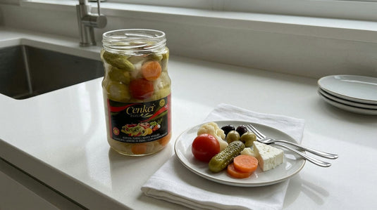 Bocal de Tursu multi-légumes CENKCI à côté d'un petit bol de légumes marinés servis à l'apéro, sur un plan de travail de cuisine moderne