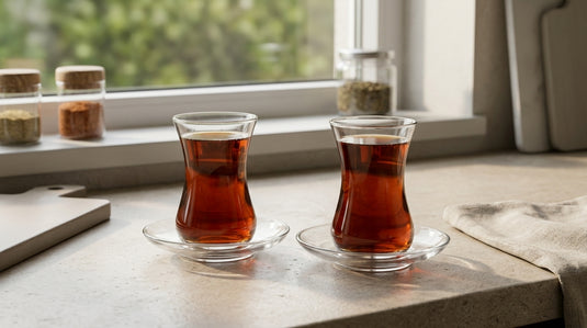 Deux verres à thé turcs PASABAHCE à la forme bombée, remplis de thé ambré, posés sur un plan de travail de cuisine moderne