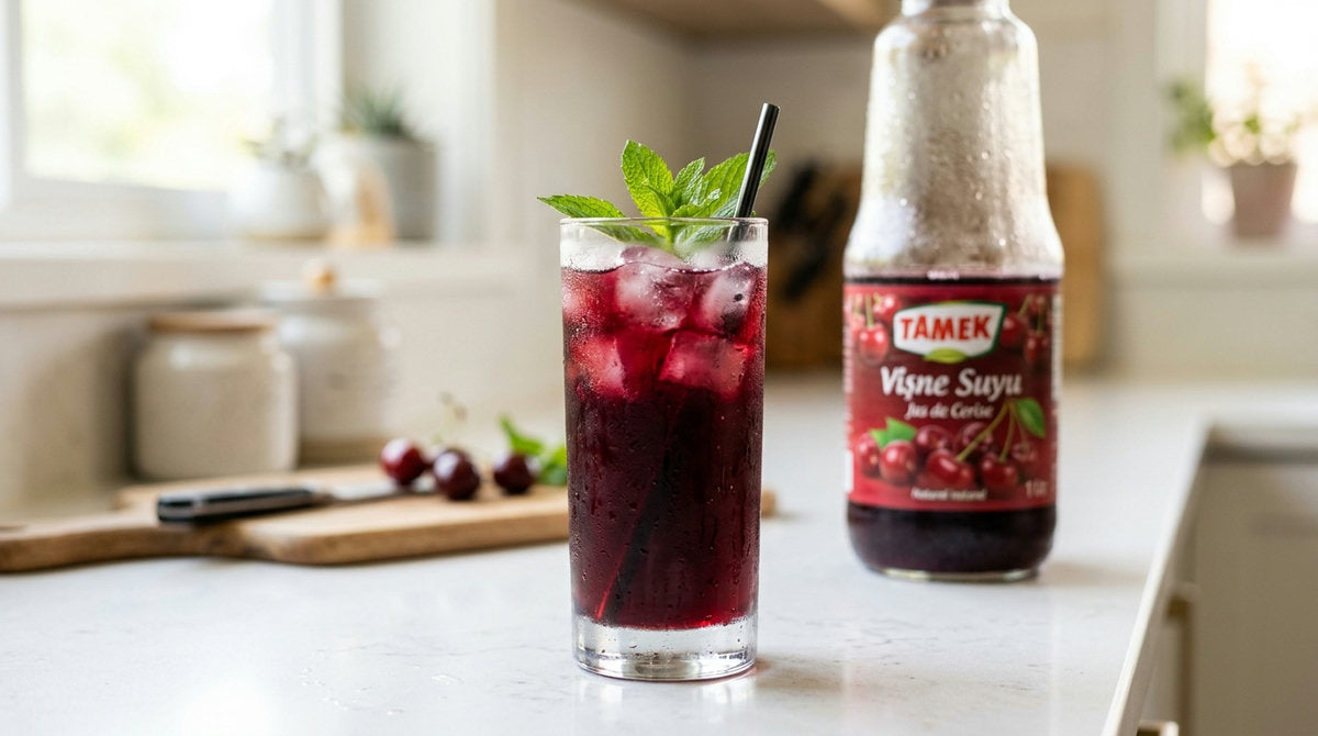 Verre de vişne suyu, jus de griotte turc bien frais avec glaçons et menthe, posé à côté de la bouteille de Jus de cerise TAMEK 1L sur un plan de travail de cuisine