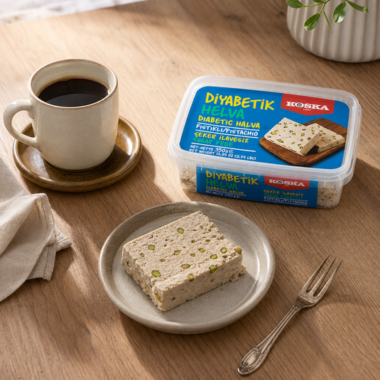 Helva Pistache KOSKA 350g - café et tranche en situation