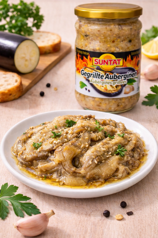 Aubergines Grillées 590g SUNTAT – Saveur Méditerranéenne Prêtes à l’Emploi